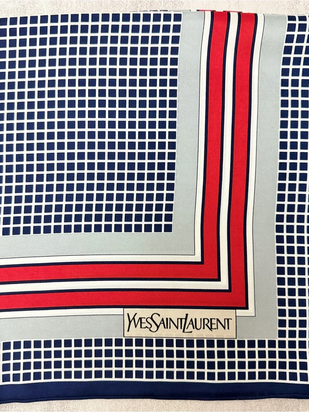 Yves Saint Laurent Navy, Red & Silver Geometric Silk Scarf